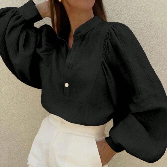 Black Casual Women's Plain Button Up Half Placket Lantern Sleeve Blouse - Picture 3 of 3